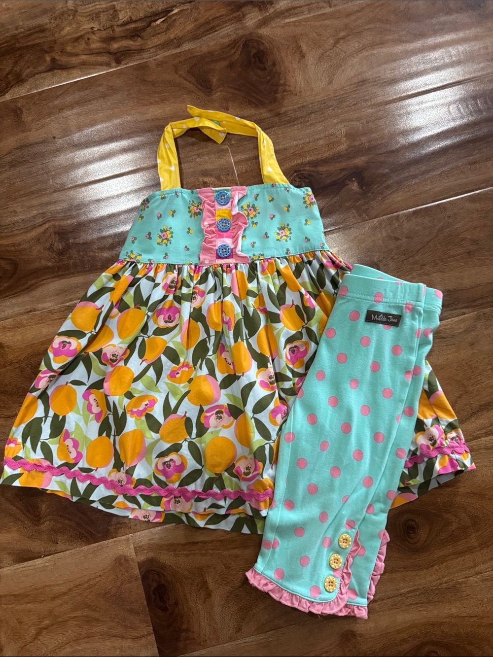 Matilda Jane Citrus Floral Halter top with Polka Dot cropped Leggings size 4